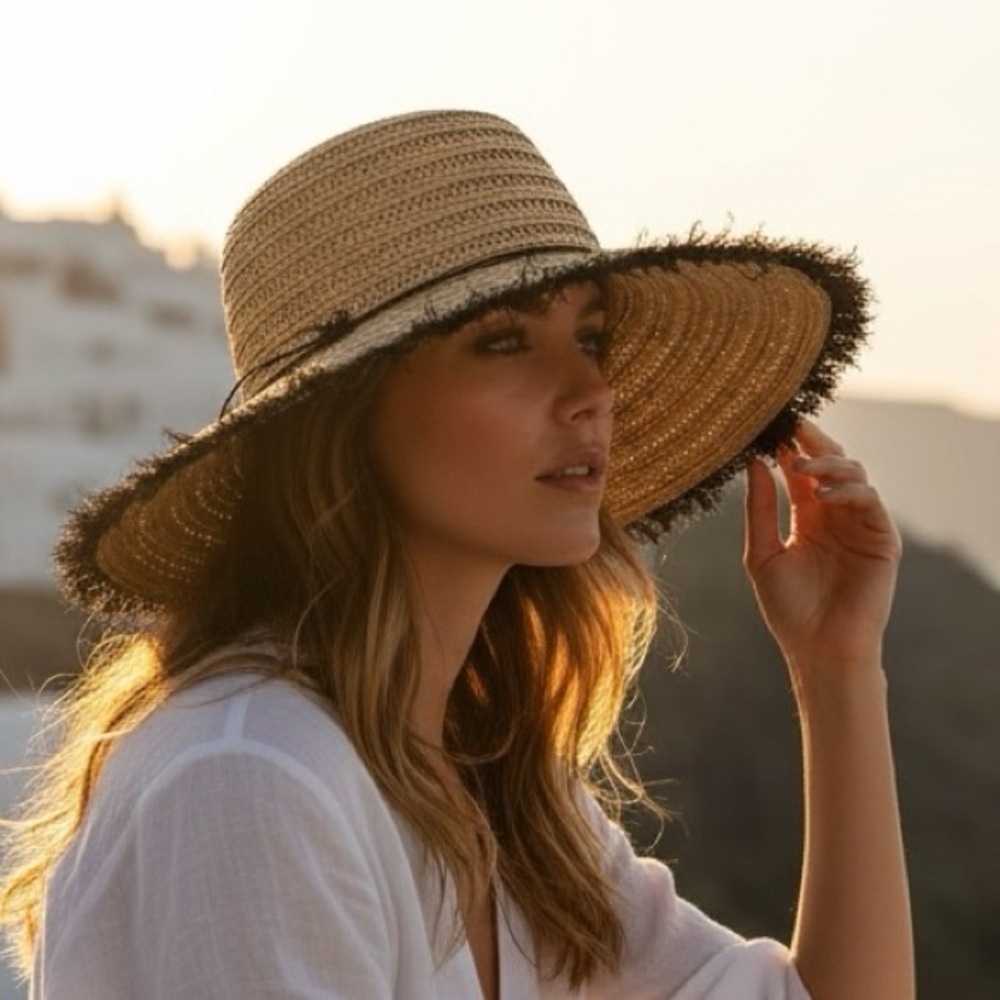 Tommy Bahama Straw Sun Hat Black Fringe Trim Wide Brim OS Adjustable Beach Vaca